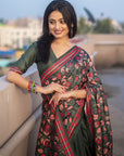 Bottle Green Kolam Silk Katha Printed Saree