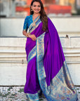 Purple Gala Silk Zari Woven Contrast Kadiyal Border with Paithani Pallu