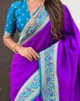 Purple Gala Silk Zari Woven Contrast Kadiyal Border with Paithani Pallu