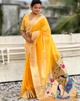 Yellow Soft Organza Paithani Silk Saree with Muniya Border and Peacock Pallu