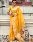 Yellow Soft Organza Paithani Silk Saree with Muniya Border and Peacock Pallu