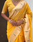 Yellow Soft Organza Paithani Silk Saree with Muniya Border and Peacock Pallu