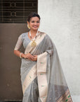 Grey Soft Organza Paithani Silk Saree with Muniya Border and Peacock Pallu