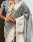 Grey Soft Organza Paithani Silk Saree with Muniya Border and Peacock Pallu