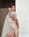 Grey Soft Organza Paithani Silk Saree with Muniya Border and Peacock Pallu