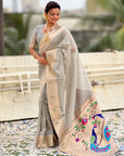 Grey Soft Organza Paithani Silk Saree with Muniya Border and Peacock Pallu