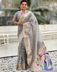 Grey Soft Organza Paithani Silk Saree with Muniya Border and Peacock Pallu