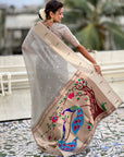 Grey Soft Organza Paithani Silk Saree with Muniya Border and Peacock Pallu