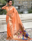 Peach Soft Organza Paithani Silk Saree with Muniya Border and Peacock Pallu
