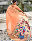 Peach Soft Organza Paithani Silk Saree with Muniya Border and Peacock Pallu