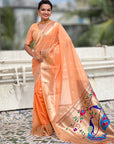 Peach Soft Organza Paithani Silk Saree with Muniya Border and Peacock Pallu