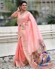 Baby Pink Soft Organza Paithani Silk Saree with Muniya Border and Peacock Pallu