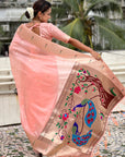 Baby Pink Soft Organza Paithani Silk Saree with Muniya Border and Peacock Pallu