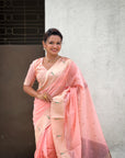 Baby Pink Soft Organza Paithani Silk Saree with Muniya Border and Peacock Pallu