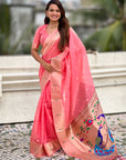 Pink Soft Organza Paithani Silk Saree with Muniya Border and Peacock Pallu