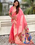 Pink Soft Organza Paithani Silk Saree with Muniya Border and Peacock Pallu