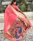 Pink Soft Organza Paithani Silk Saree with Muniya Border and Peacock Pallu