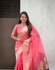 Pink Soft Organza Paithani Silk Saree with Muniya Border and Peacock Pallu