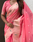 Pink Soft Organza Paithani Silk Saree with Muniya Border and Peacock Pallu
