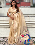 Cream Soft Organza Paithani Silk Saree with Muniya Border and Peacock Pallu