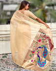 Cream Soft Organza Paithani Silk Saree with Muniya Border and Peacock Pallu