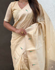 Cream Soft Organza Paithani Silk Saree with Muniya Border and Peacock Pallu