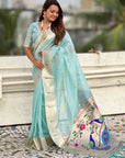 Sky Blue Soft Organza Paithani Silk Saree with Muniya Border and Peacock Pallu