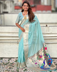 Sky Blue Soft Organza Paithani Silk Saree with Muniya Border and Peacock Pallu