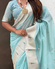 Sky Blue Soft Organza Paithani Silk Saree with Muniya Border and Peacock Pallu