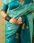 Dusty Blue Soft Silk Zari Woven Leaf Pattern Saree