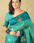 Dusty Blue Soft Silk Zari Woven Leaf Pattern Saree