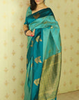 Dusty Blue Soft Silk Zari Woven Leaf Pattern Saree