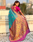 Blue Soft Brocade Tissue Paithani Silk Zari Woven Saree