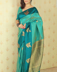 Dusty Blue Soft Silk Zari Woven Leaf Pattern Saree