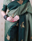 Dusty Grey Soft Silk Zari Woven Leaf Pattern Saree