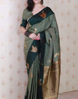 Dusty Grey Soft Silk Zari Woven Leaf Pattern Saree