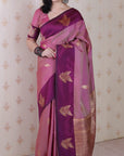 Dusty Pink Soft Silk Zari Woven Leaf Pattern Saree