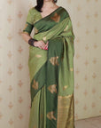 Dusty Mehendi Green Soft Silk Zari Woven Leaf Pattern Saree