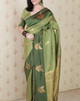 Dusty Mehendi Green Soft Silk Zari Woven Leaf Pattern Saree