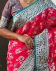 Pink Banarasi Zari Woven Contrast Jaal Silk Saree
