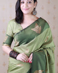 Dusty Mehendi Green Soft Silk Zari Woven Leaf Pattern Saree