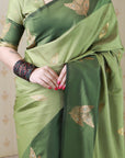Dusty Mehendi Green Soft Silk Zari Woven Leaf Pattern Saree