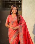 Peach Soft Silk Meenakari Madhubani Saree