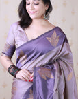 Dusty Lavender Soft Silk Zari Woven Leaf Pattern Saree