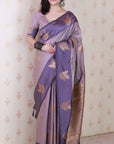 Dusty Lavender Soft Silk Zari Woven Leaf Pattern Saree