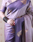 Dusty Lavender Soft Silk Zari Woven Leaf Pattern Saree