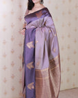 Dusty Lavender Soft Silk Zari Woven Leaf Pattern Saree