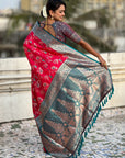 Pink Banarasi Zari Woven Contrast Jaal Silk Saree
