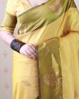 Dusty Yellow Soft Silk Zari Woven Leaf Pattern Saree