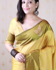 Dusty Yellow Soft Silk Zari Woven Leaf Pattern Saree